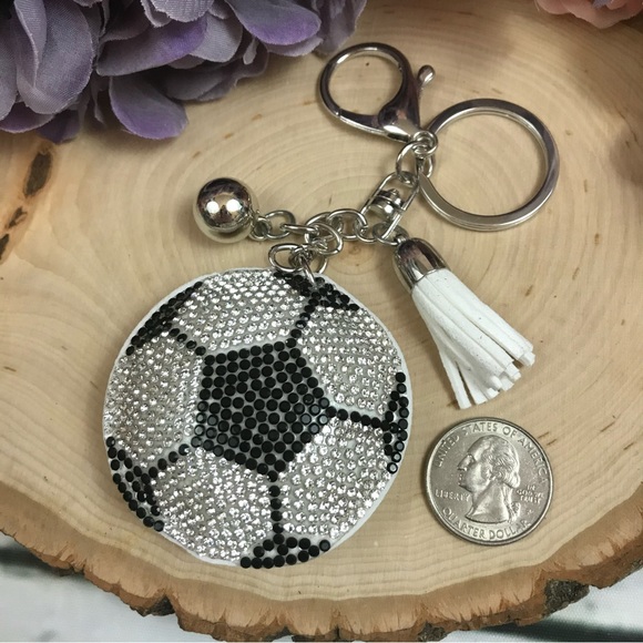 Black & Silver Rhinestone Soccer Ball Charm & Tassel Keychain - Picture 5 of 6